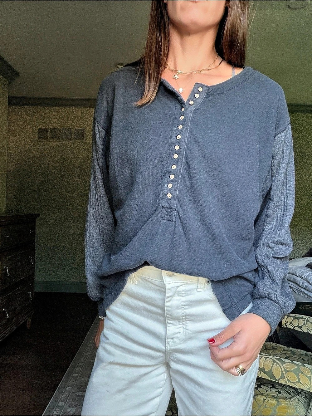 Free People Jamie Henley Long Sleeve Blouse Navy Blue Small